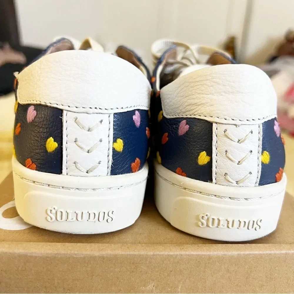 Soludos Queen Of Hearts Genuine Leather Embroidered Ibiza Sneakers, Blue Size 10